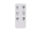 Télécommande blanche pour ventilateur avec six boutons et icônes noires.