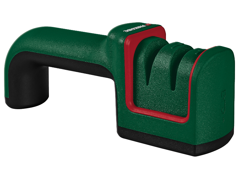 Aiguiseur de couteaux manuel Fiskars, vert et rouge.