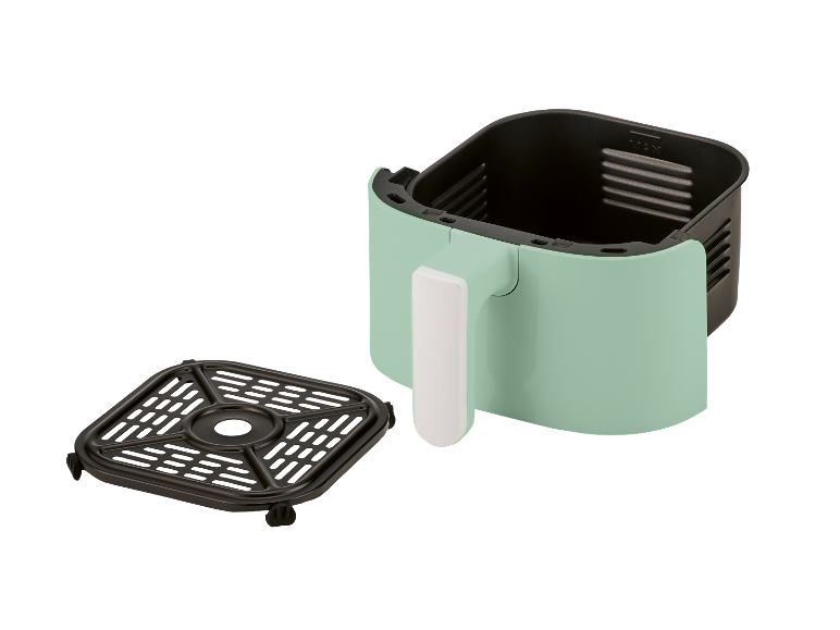 Friteuse à air couleur menthe à l'eau avec panier et grille.