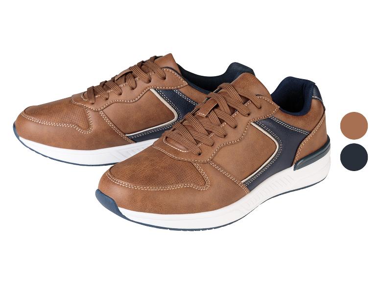 Chaussures de sport marron pour homme avec des détails bleus.