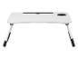 Table de lit pliable blanche avec fente pour tablette et porte-gobelet