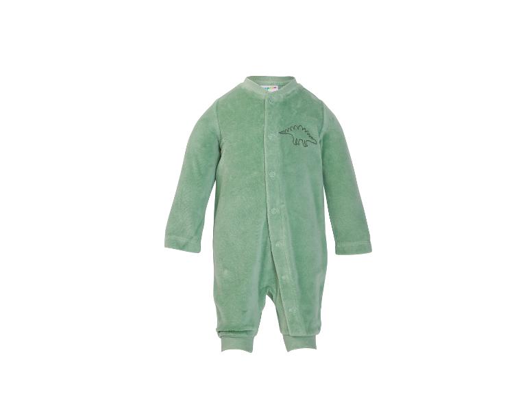 Grenouillère bébé en velours vert avec motif dinosaure et boutons sur le devant