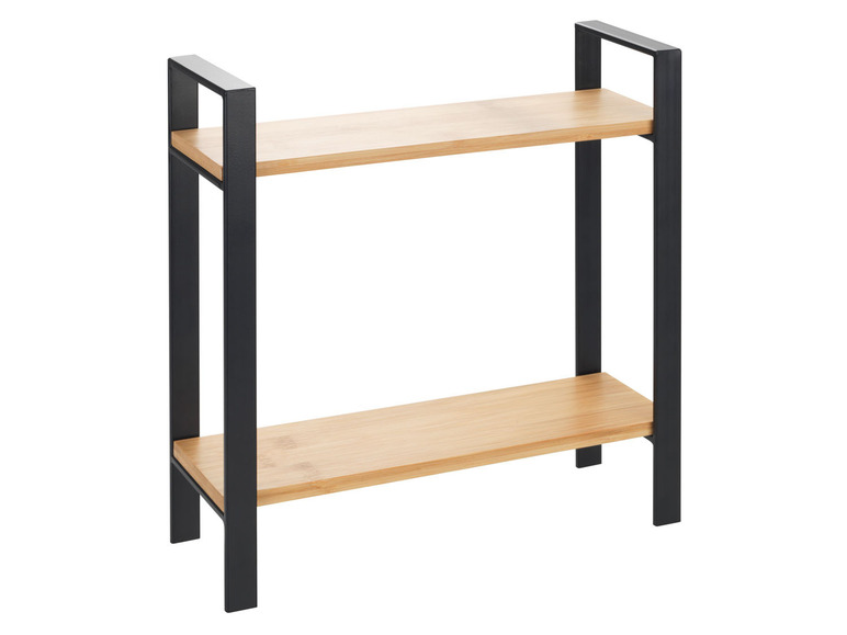 Une étagère en bois avec un cadre en métal noir.