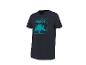 T-shirt bleu marine avec imprimé palmier et texte turquoise 'PALMS & OCEAN BREEZE'.