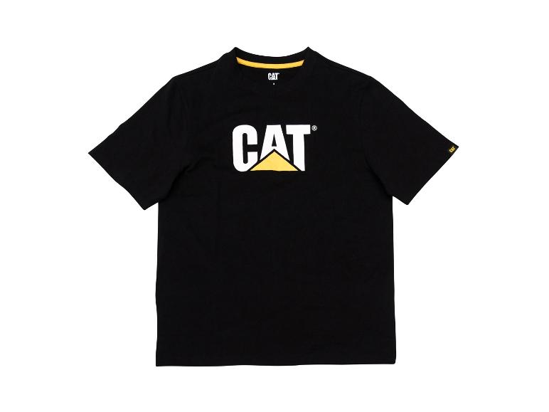 T-shirt noir avec une grande inscription blanche et un triangle jaune sur le devant.