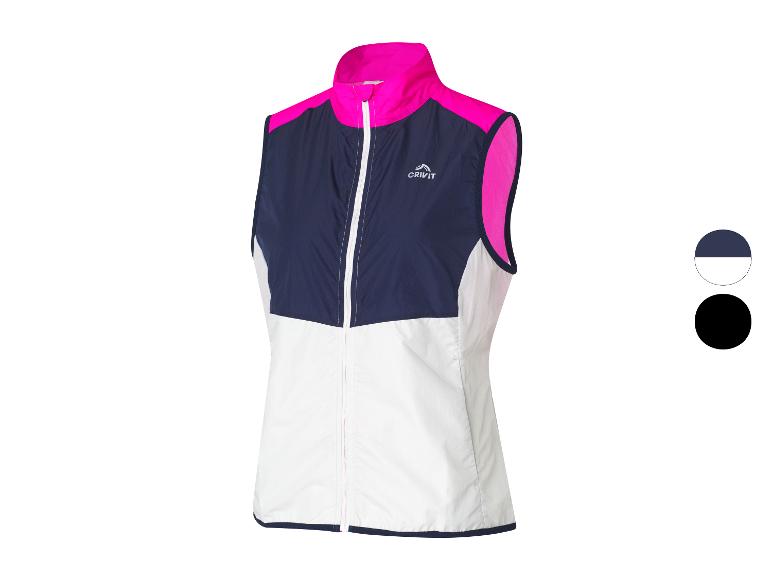 Gilet de course à pied CRIVIT pour femme en bleu, blanc et rose.