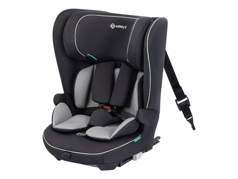 Siège auto noir pour enfant avec inserts gris et harnais de sécurité.