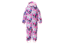 Combinaison de neige enfant à motif floral rose, violet et blanc, avec capuche et fermeture éclair.