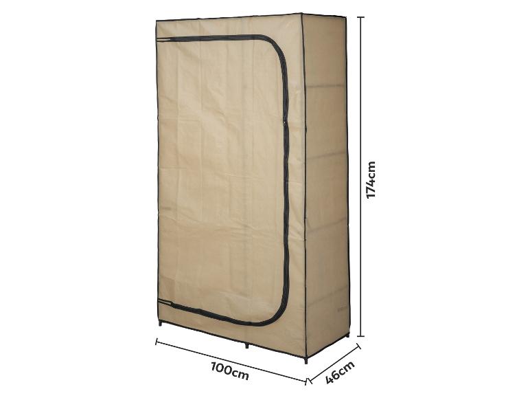 Armoire de rangement en tissu beige avec fermeture éclair, mesurant 174x100x46cm.