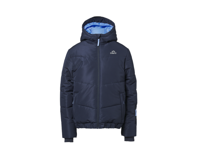 Doudoune matelassée bleu marine pour enfant avec capuche et doublure intérieure bleue.