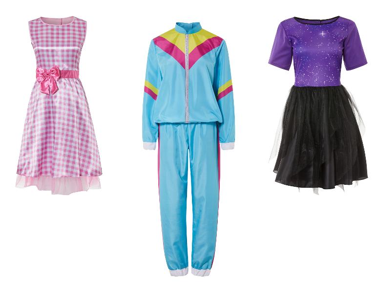 Une robe rose à carreaux, un jogging bleu et une robe violette avec une jupe en tulle noire.