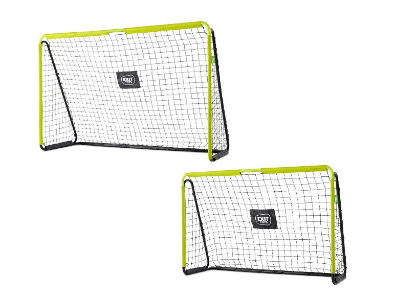 Deux buts de football EXIT Toys avec des filets noirs et des cadres vert lime.