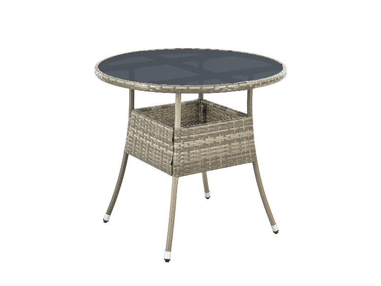 Table de jardin ronde en rotin avec plateau en verre et étagère inférieure