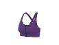 Brassière de sport violette avec fermeture éclair à l'avant et bretelles croisées.