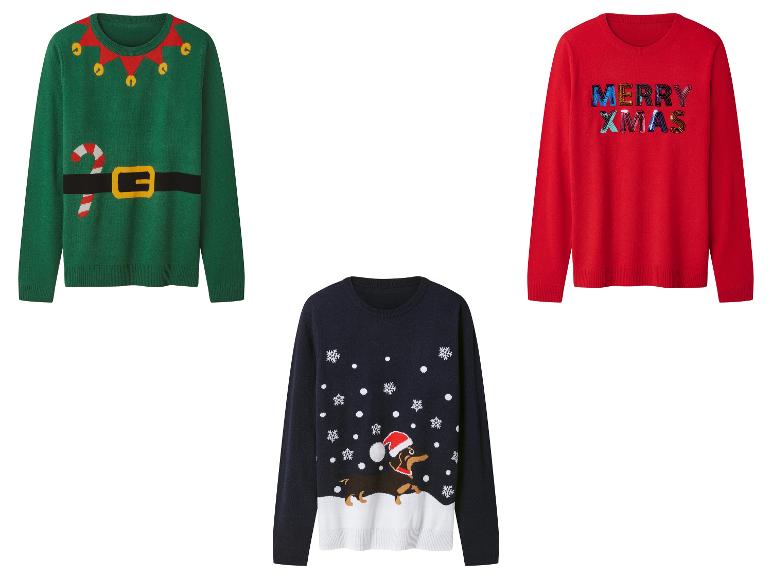 Trois pulls de Noël: un vert avec une ceinture d'elfe, un bleu foncé avec un chien et un rouge avec «MERRY XMAS».