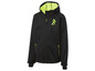Veste softshell noire à capuche avec des détails verts.