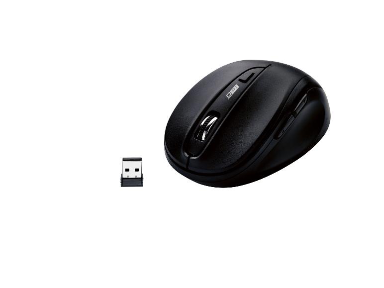 Une souris sans fil noire avec un récepteur USB.