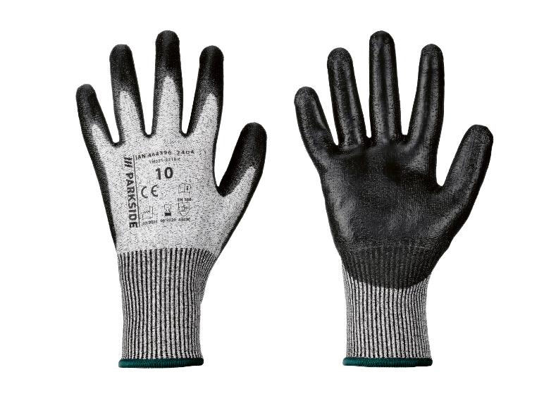 Gants de travail Parkside noirs et gris avec marquages de taille et de conformité.
