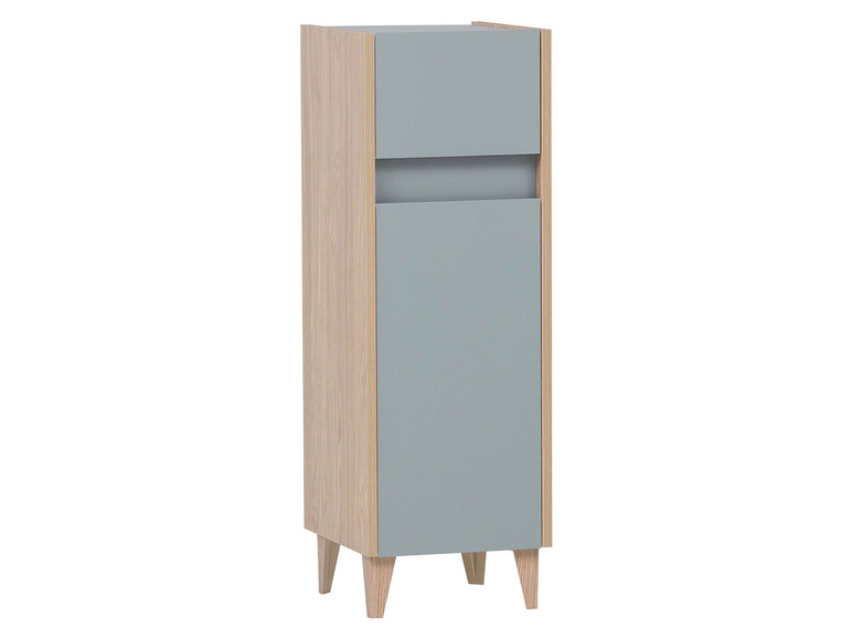 Armoire grise avec des détails en bois et des pieds.
