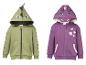 Deux sweats à capuche pour enfants : un vert dinosaure et un violet licorne.