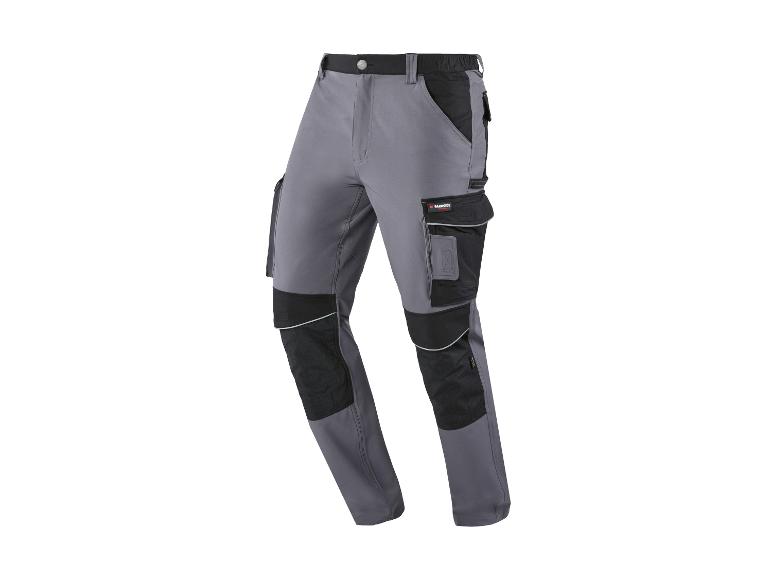 Pantalon de travail gris et noir avec poches et genoux renforcés.