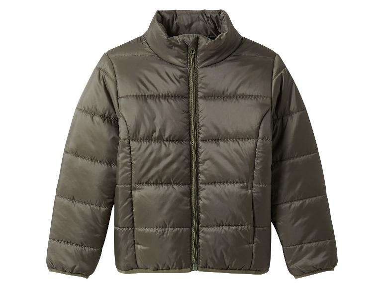 Une veste matelassée vert olive foncé avec une fermeture éclair.