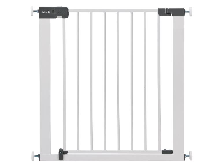 Barrière de sécurité blanche pour bébé avec des accents gris et le logo Safety 1st.