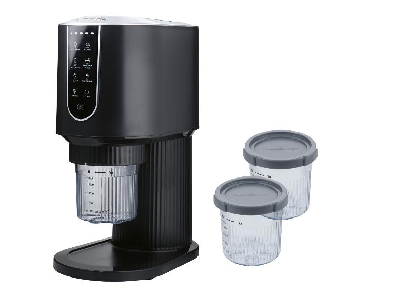 Machine noire à glaces et boissons avec récipients doseurs pour divers desserts froids.