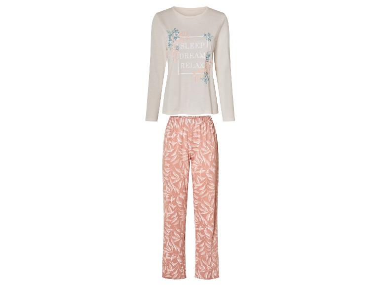 Pyjama femme avec haut manches longues et pantalon rose à imprimé feuilles.