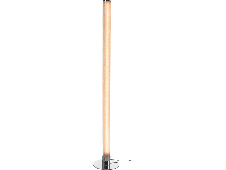 Lampadaire colonne à paillettes dorées avec base chromée et câble noir.