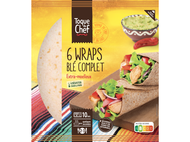Toque du Chef 6 wraps blé complet avec garniture, guacamole et Nutri-Score A.