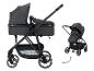 Poussette bébé modulaire grise avec nacelle et siège, avec une flèche indiquant le pliage.
