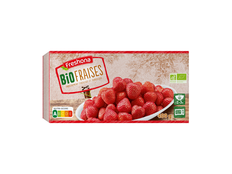 Fraises bio surgelées, Nutri-Score A, en paquet de 400g.
