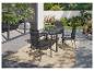 Ensemble de mobilier de jardin avec table et chaises grises sur une terrasse avec tapis.