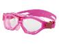 Lunettes de natation roses avec verres transparents et sangle réglable.