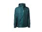 Veste de pluie légère vert foncé avec capuche et fermetures éclair contrastantes.