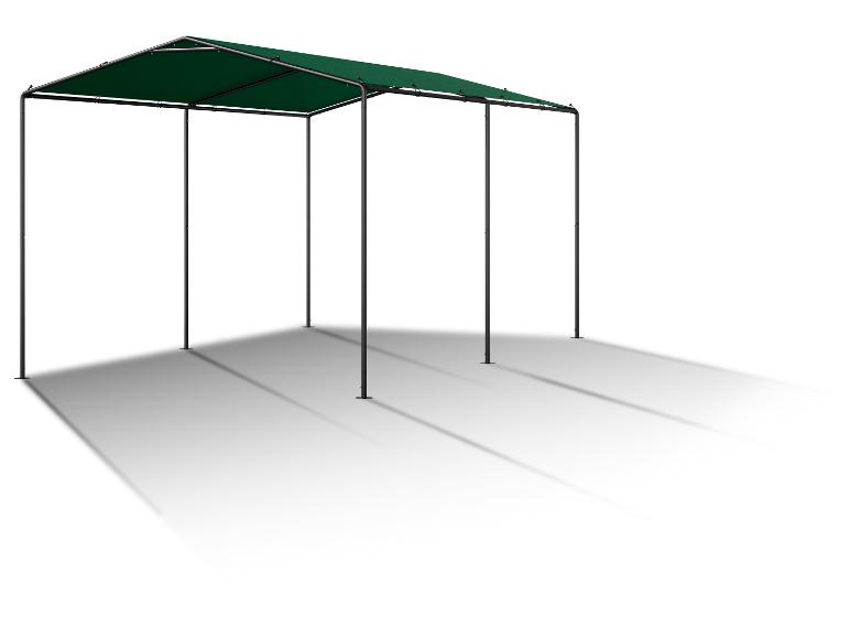 Abri de voiture ou tonnelle verte avec un cadre sombre, projetant de longues ombres sur fond blanc.
