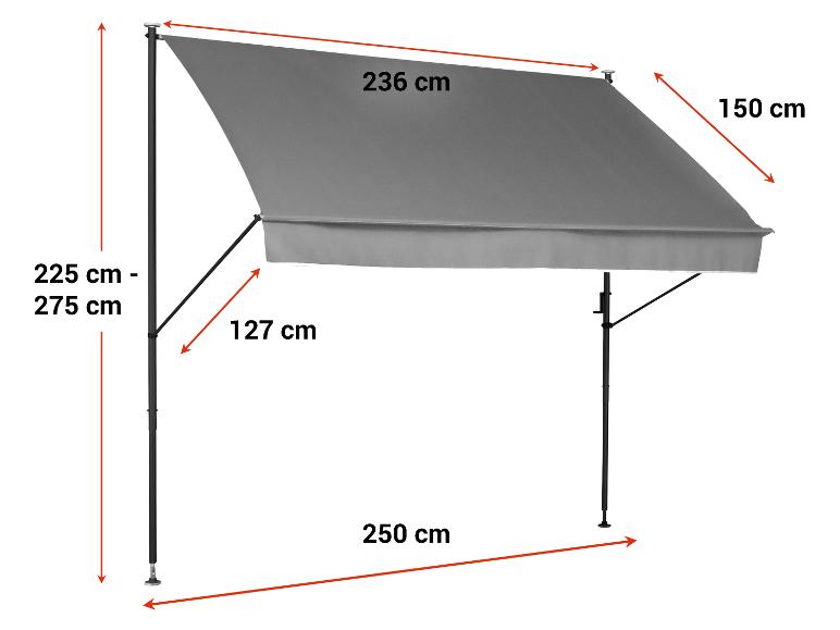 Store gris avec dimensions : 236 cm de large, 150 cm de profondeur, 225-275 cm de haut, bras de 127 cm, 250 cm entre les poteaux.