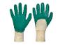 Deux paires de gants de travail verts avec des poignets blancs.