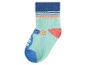 Chaussette enfant vert menthe avec rayures bleues et oranges et motif hippocampe.