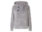 Un sweat à capuche gris clair en velours, avec cordon et poche.