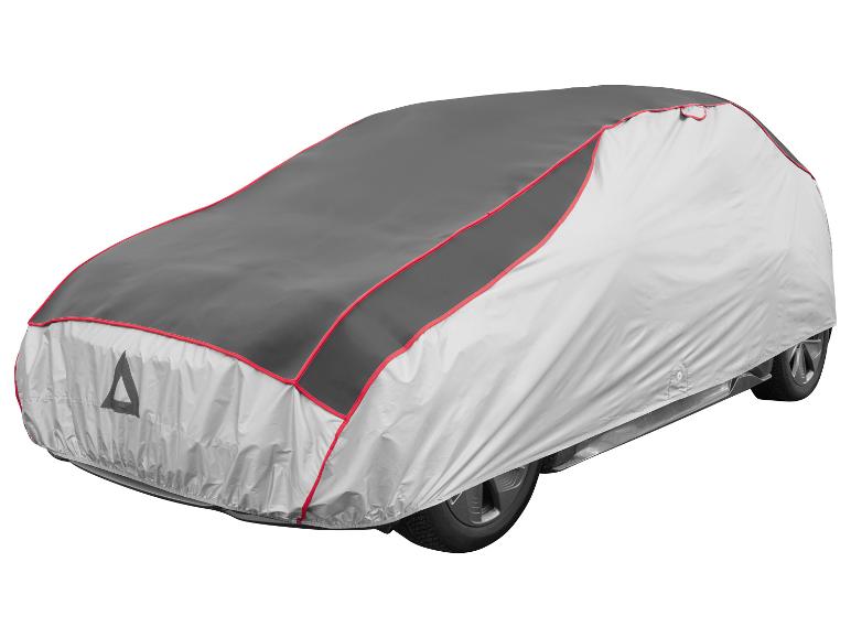 Housse de voiture bicolore grise et argentée avec passepoil rouge, avec un triangle réfléchissant.