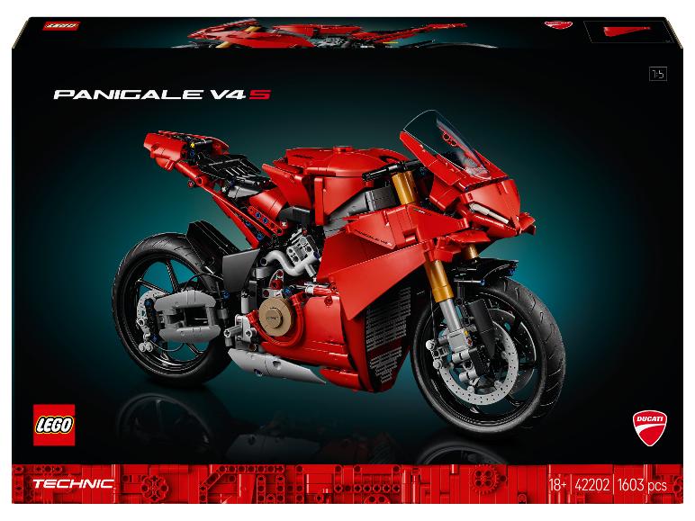 Modèle de moto LEGO Technic Ducati Panigale V4 R rouge sur fond noir.