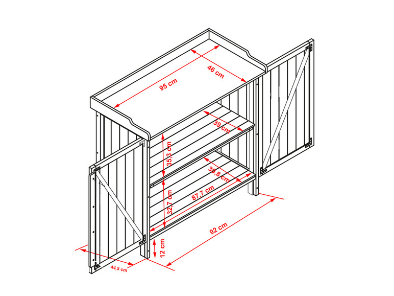 Un abri de jardin en bois avec un plan de travail, deux étagères et une porte.