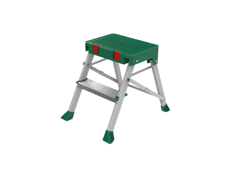 Tabouret pliant vert et argenté avec une marche.