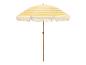 Parasol rayé jaune et blanc avec franges.
