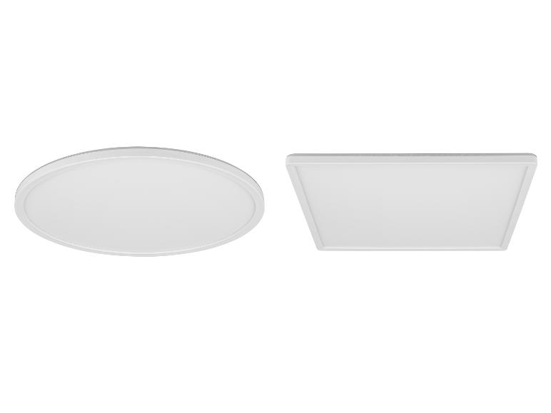 Deux luminaires LED, un rond et un rectangulaire, sur fond blanc.