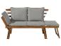 Banc de jardin en bois avec coussins gris, dossier inclinable et repose-pieds.