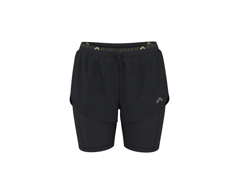 Short de sport noir 2 en 1 pour homme avec détails verts à la taille.