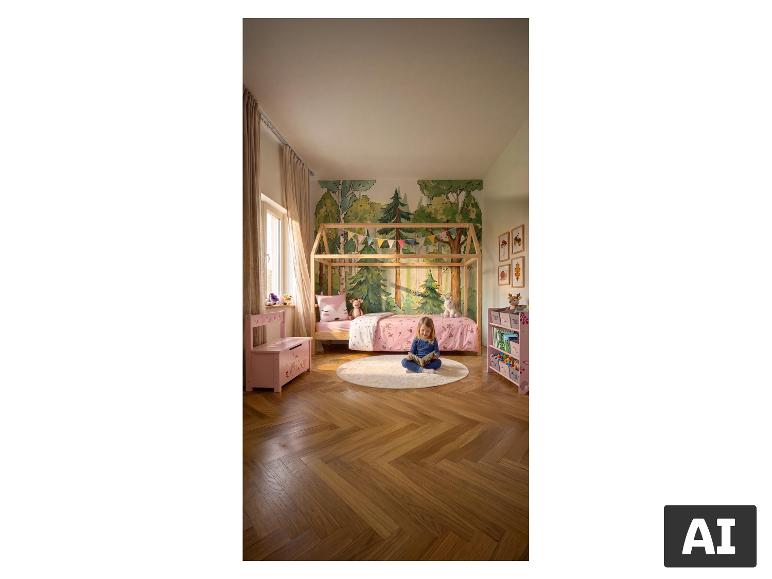 Parure de lit pour enfants LUPILU® sur un lit à thème forestier dans une chambre chaleureuse. [image générée par l'IA]